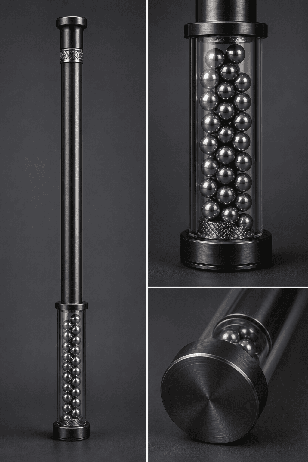 Technical engineering schematic of a 36-inch dark metal shaft showing a clear acoustic chamber in the bottom 12 inches containing exactly 20 loose steel ball bearings separated by welded internal stop plates