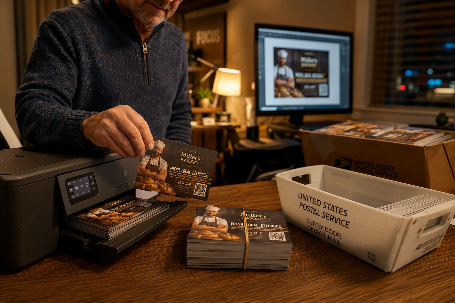 Steve printing and mailing postcards himself, from his own home office